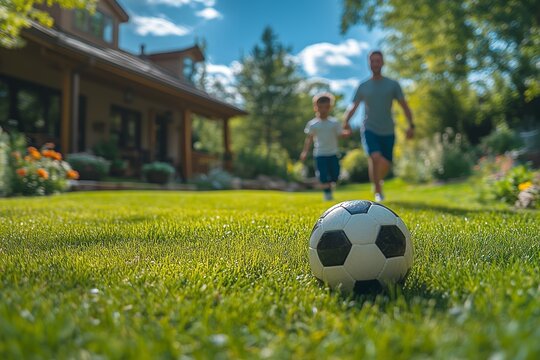 Father and son play soccer together in their backyard on a sunny afternoon - Powered by Adobe