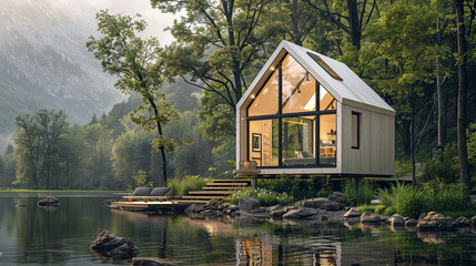 Fototapeta premium eco-friendly living with a minimalist shot of a tiny solar-powered house. Large windows frame the serene natural landscape, showcasing the harmony between modern design and nature