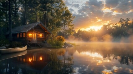Fototapeta premium beautiful sunrise on a lake with fog surrounded by forest and a cabin