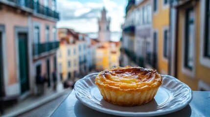 A delicious pastry sits on a white plate, with a beautiful cityscape in the background. A blend of urban charm and delectable flavor. Perfect for food lovers and travel enthusiasts. AI