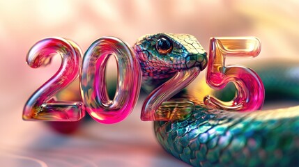 Colorful glass numbers forming the numbers 2025 with a green snake as a symbol of the new year intertwined with them on a light background. New Year concept, glass elements, glassmorphing
