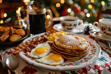 A cozy breakfast scene with pancakes, bacon, scrambled eggs, and freshly brewed coffee served on a Christmas themed tablecloth