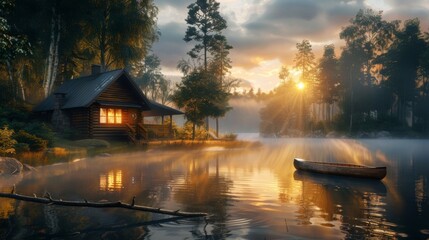 beautiful sunrise on a lake with fog surrounded by forest and a cabin