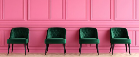 Dining Room Entrance With Green Velvet Chairs, Pink Wall