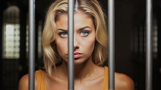 Woman in prison jail cell serious face