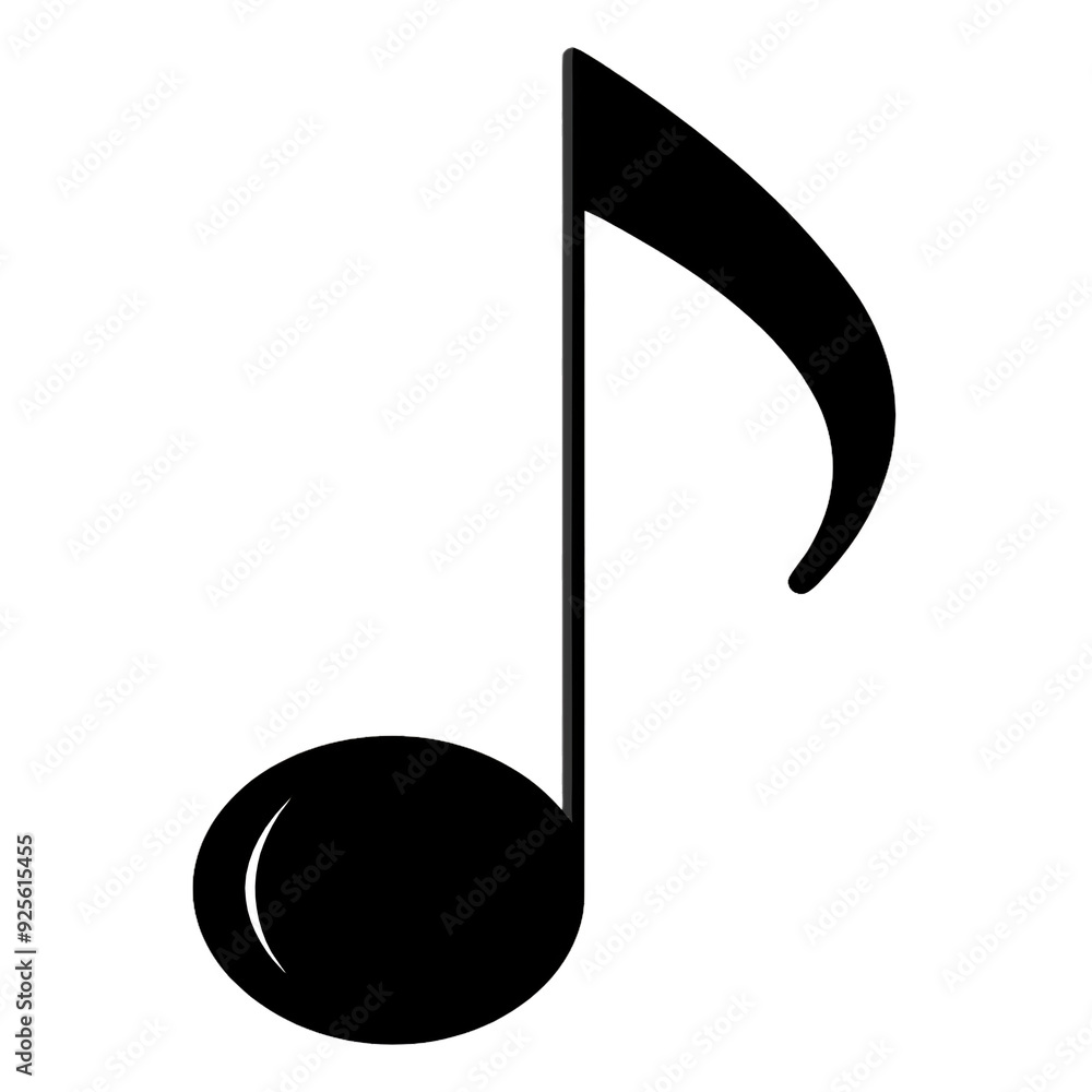 Poster a black eighth note with a circular note head and a straight stem with a flag. the note is depicted 