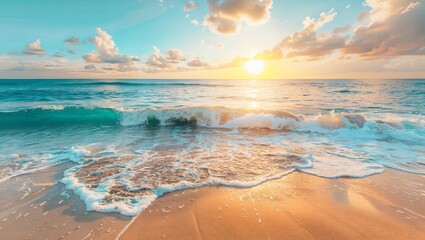 Golden Hour Serenity: A Beautiful Beach Scene with Gentle Waves and a Glorious Sunset Shining Brightly Over the Tranquil Ocean Waters and Soft Sandy Shoreline