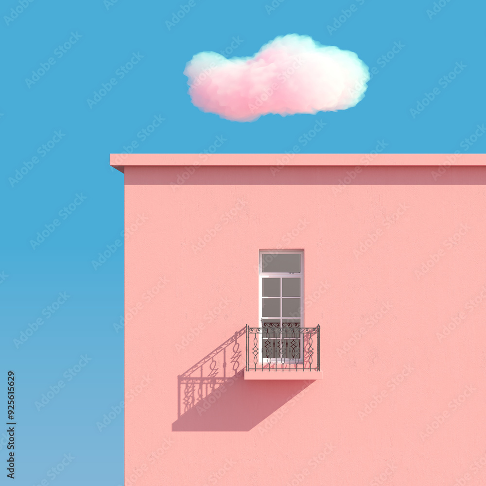 Aufkleber windows on pink building with balcony into sky clouds. minimal arch building . 3d rendering. minimal