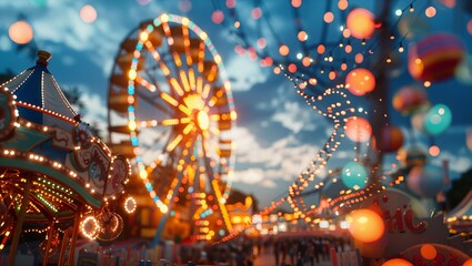 A mesmerizing evening at the carnival, with a radiant ferris wheel illuminating the sky and colorful lights creating a dreamy, vibrant atmosphere teeming with joyful visitors.