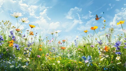 A breathtaking landscape of a vibrant flower field, filled with colorful blossoms under a bright blue sky, fluttering butterflies adding life to the idyllic scene of nature's beauty.