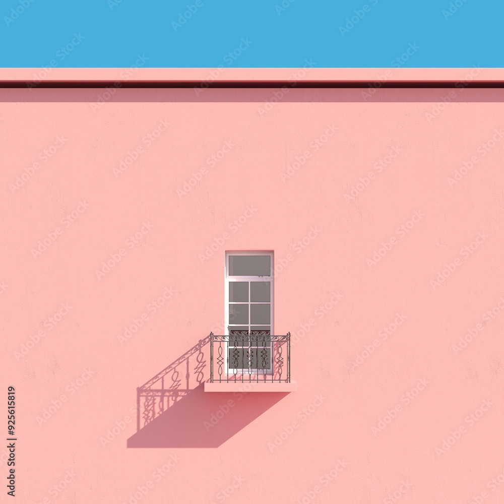 Aufkleber windows on pink building with balcony. minimal arch building . 3d rendering. minimal idea concept.