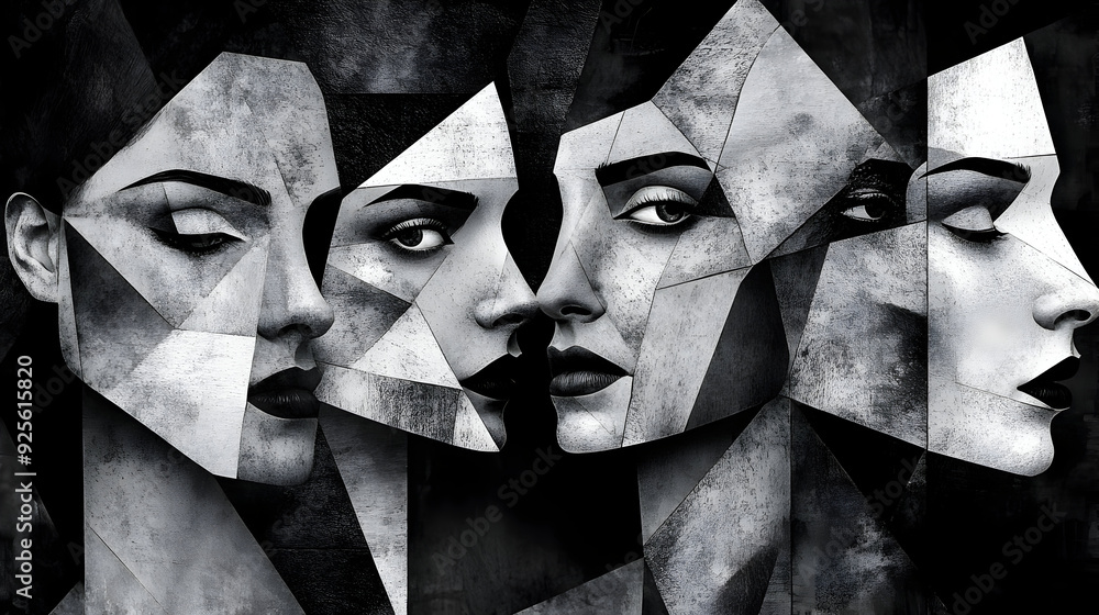 Aufkleber abstract artwork featuring fragmented faces in grayscale, exploring identity and emotion.
