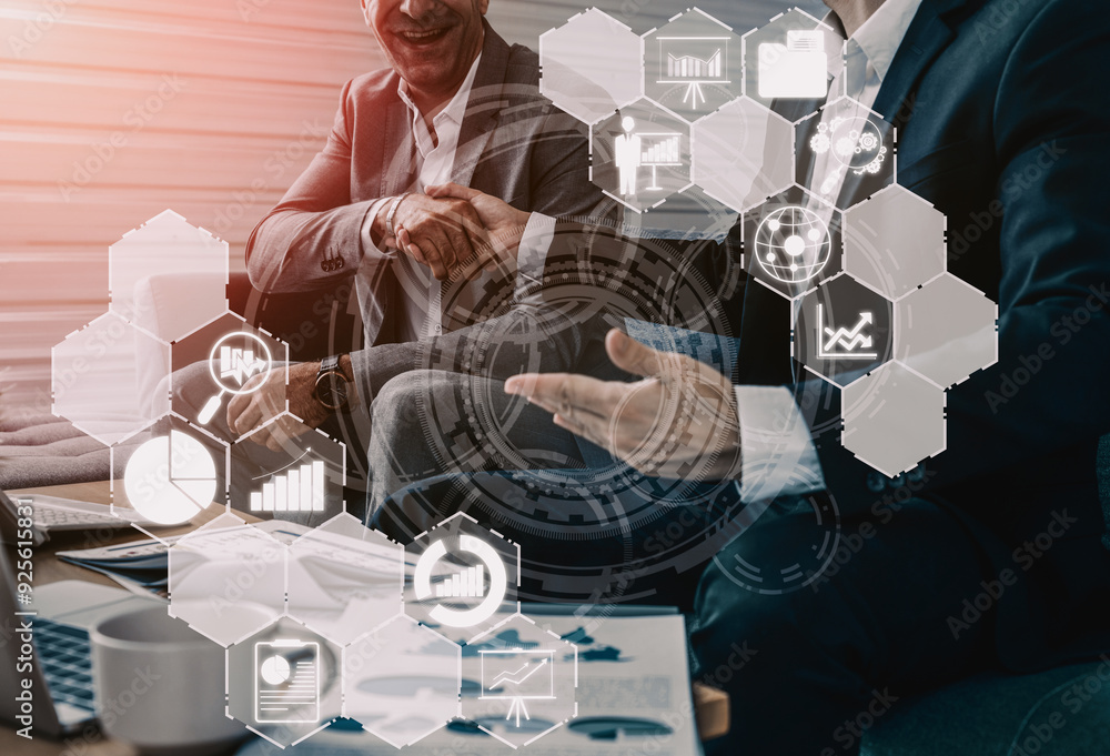 Poster data analysis for business and finance concept. interface showing future computer technology of prof