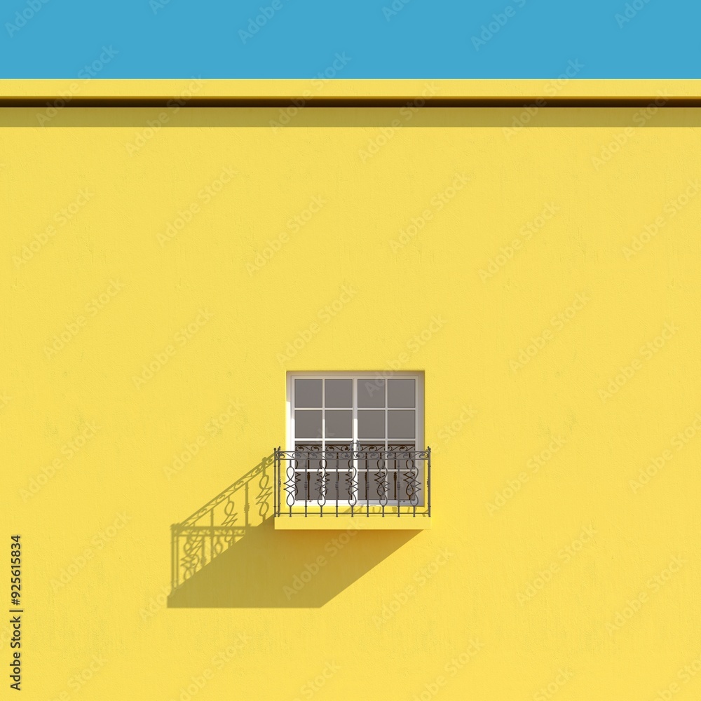 Aufkleber windows yellow building with balcony minimal arch building . 3d rendering. minimal idea concept.