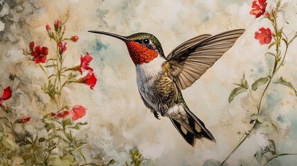 Hummingbird in Flight Against a Floral Background