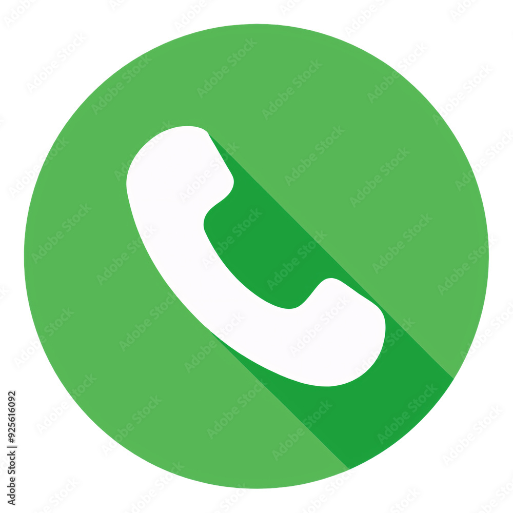Poster a white phone receiver symbol within a green circle on a transparent background. the icon has a dark