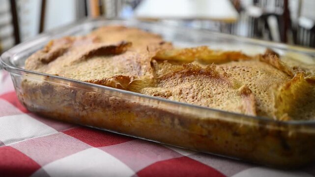 Close-up video pan of Timballo: layers of crepes, artichokes, meat, cheese, B&eacute;chamel sauce, from Abruzzo, Italy.