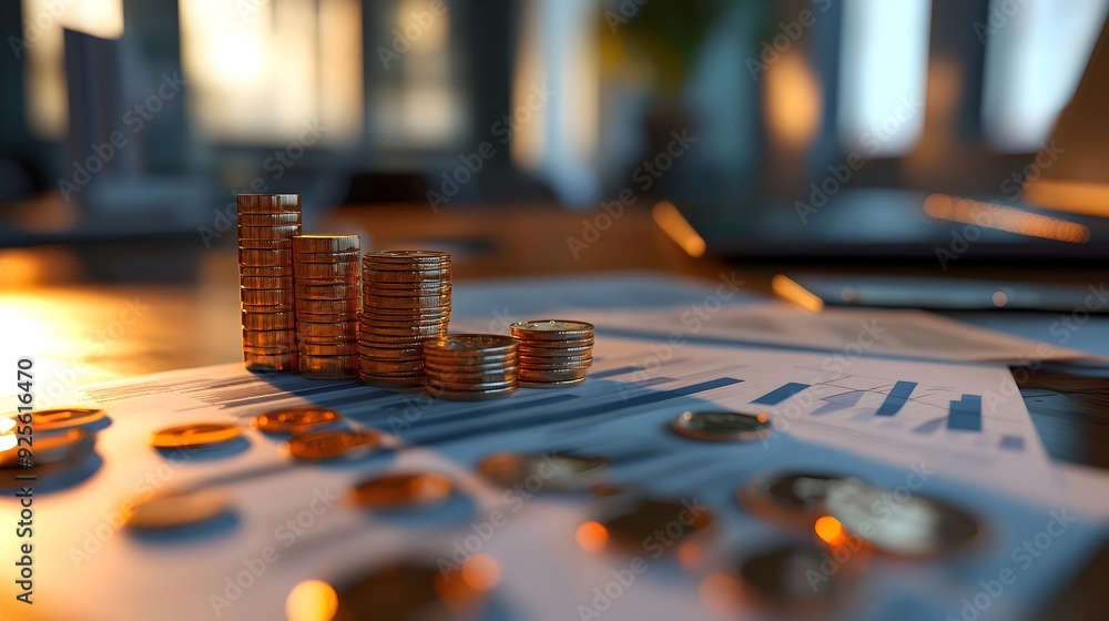 Poster economic data analysis visualized through 3d rendered charts and diagrams