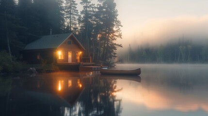 Fototapeta premium beautiful sunrise on a lake with fog surrounded by forest and a cabin