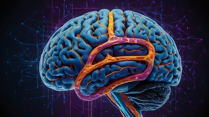 Glowing brain, yellow and blue themed dark background, represents creativity, critical thinking and new ideas