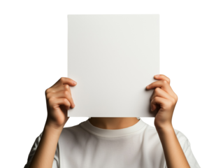 A young person conceals their face with a plain sheet of paper, suggesting anonymity or creativity. Isolated on transparent background.