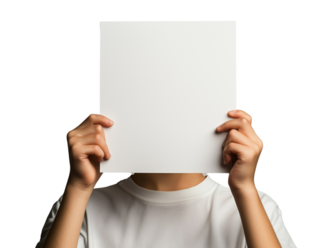 A young person conceals their face with a plain sheet of paper, suggesting anonymity or creativity. Isolated on transparent background.