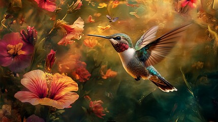 Naklejka premium Hummingbird in Flight Amidst Blooming Flowers