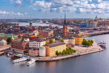 Aerial panoramic view of Gamla Stan with colorful buildings and spires in Stockholm, Sweden