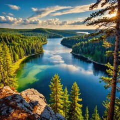 Naklejka premium Scenic lake view surrounded by lush forest
