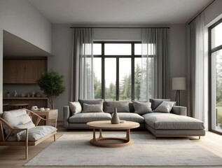 Fototapeta premium Modern Living Room with Sectional Sofa, Coffee Table, and Large Windows