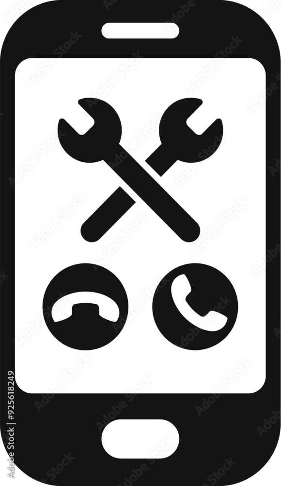 Poster smartphone displaying crossed wrenches and phone call icons, symbolizing technical support