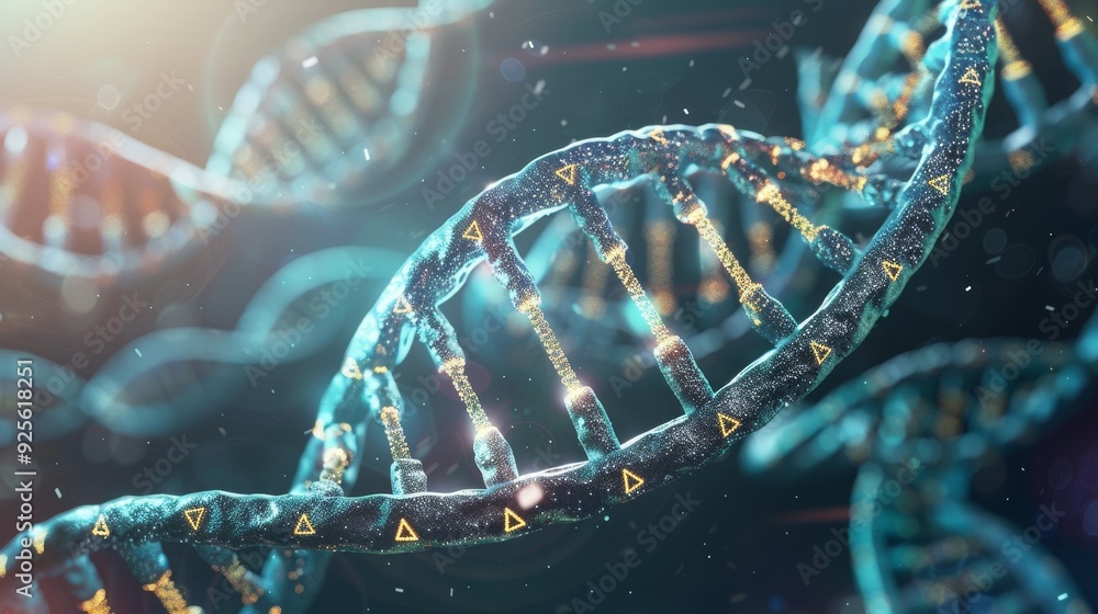 Poster a detailed close-up of a dna strand showcasing intricate double helix structure and glowing elements