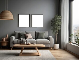 Minimalist Living Room with Grey Sofa and Wooden Coffee Table