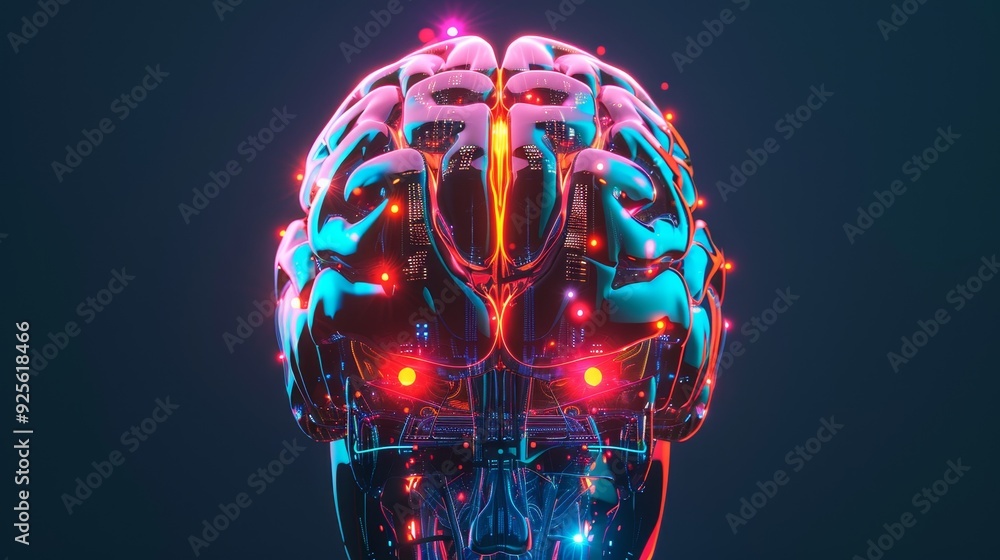 Poster a futuristic representation of a human brain, illuminated with vibrant lights, symbolizing advanced 