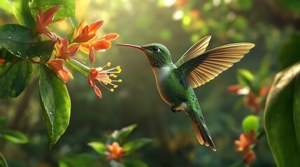 Fototapeta premium Hummingbird in Flight, Feeding on Red Flower