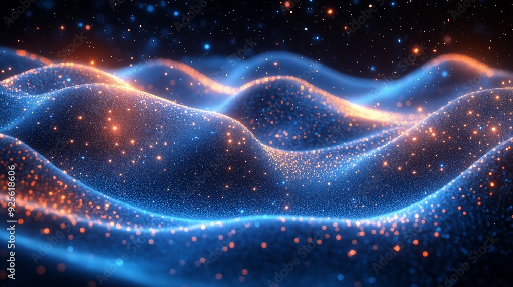 Poster waves of vibrant light create an abstract landscape in a dark space with glowing particles and soft 