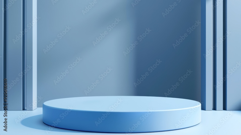 Poster minimalist blue podium with abstract background in soft lighting. perfect for product display, brand