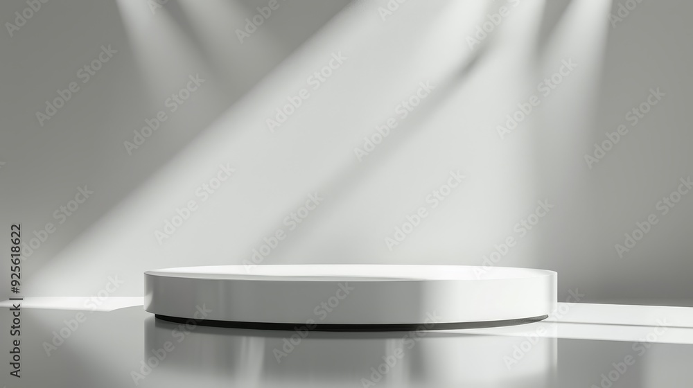 Poster minimalistic white podium under soft spotlight, perfect for product display and presentation in mode