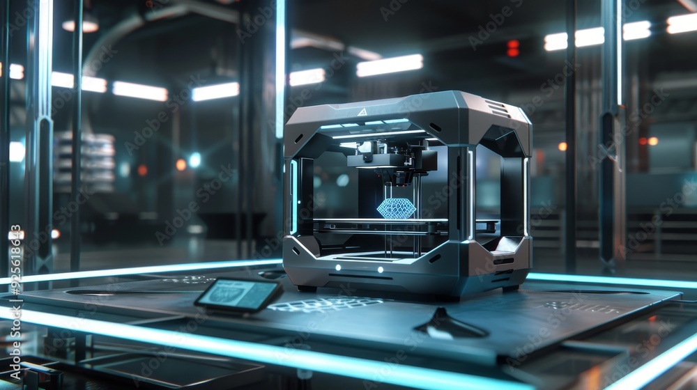 Poster futuristic 3d printer in a high-tech laboratory creating a precise object. cutting-edge technology a