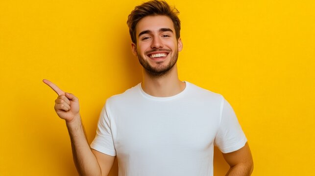 handsome man in white t-shirt pointing with fingers at himself isolated on yellow - Powered by Adobe