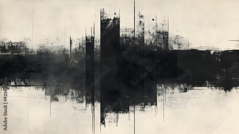 Poster abstract black and white artwork with textured lines and shapes creating a dynamic composition.