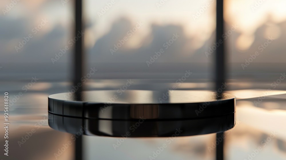 Poster Minimalistic close-up of a circular object with nature-inspired reflections. Abstract design with soft lighting and blurred background.