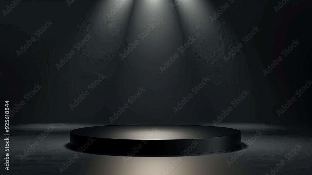 Poster dark empty stage with a round pedestal illuminated by dramatic spotlights, creating a mysterious and