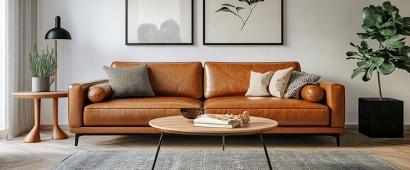 Home Interior Mockup With A Brown Leather Sofa, Table, And Decor In The Living Room 