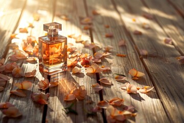 Elegant perfume bottle surrounded by petals on wooden floor concept
