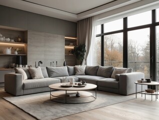 Modern Living Room with Gray Sectional Sofa and Large Windows