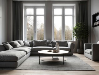Modern Living Room with Gray Sectional Sofa and Large Windows