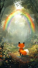 A cute little fox  in the forest, curiously looking at the rainbow in the sky vibrant