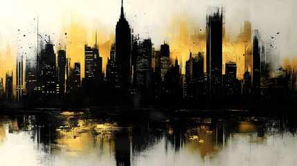 Obraz premium Abstract city skyline in black and gold with reflective water.