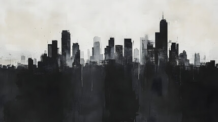 Abstract city skyline in monochrome tones.